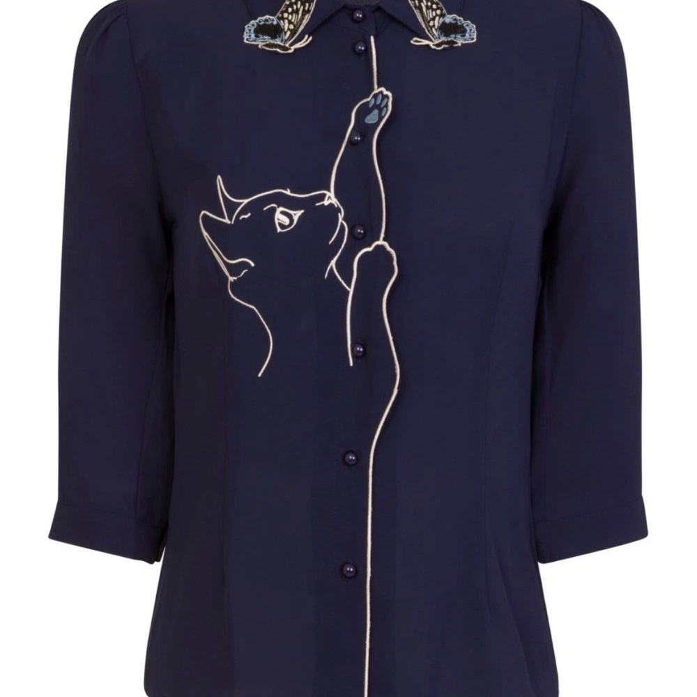 Banned Apparel Retro Cat Navy Blouse